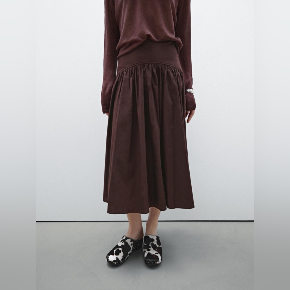 Massimo Dutti Skirt w Yoke Detail | Chocolate 100% Cotton Midi. Quiet Luxury NWT - Picture 3 of 12